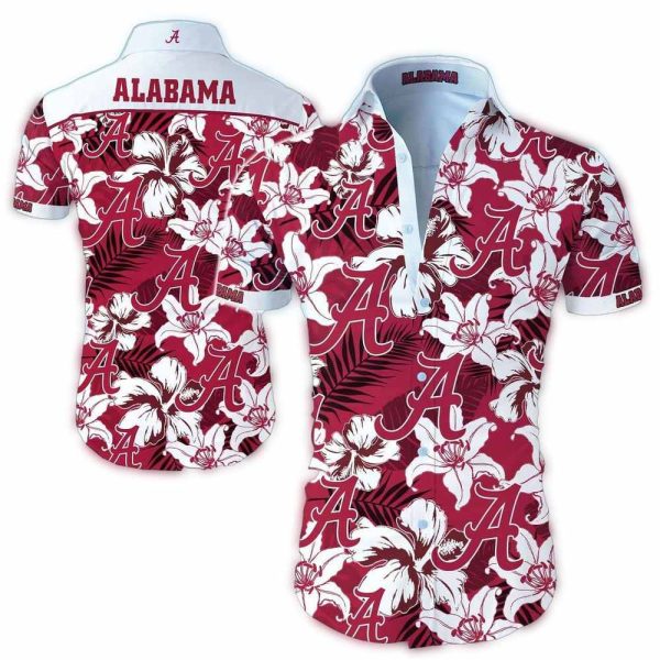 Alabama Crimson Tide Pattern Flowers and Leafs Hawaiian Shirt 1