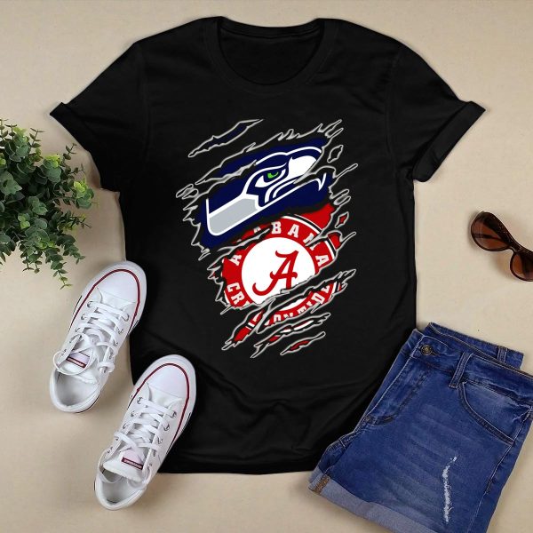 Alabama Crimson Tide Seattle Seahawks Creative Mashup T Shirt Style 1 Black 1
