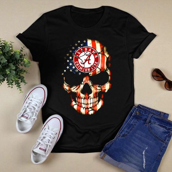 Alabama Crimson Tide Skull American Flag Style T Shirt Style 1 Black 1