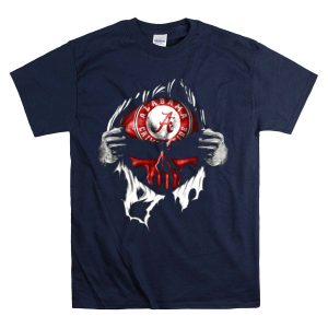 Alabama Crimson Tide Skull Emblem With Red And White Torn Fabric Effect T Shirt