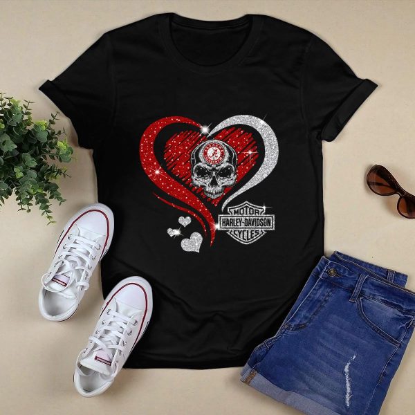 Alabama Crimson Tide Skull Heart HD Motor Cycles T Shirt Style 1 Black 1