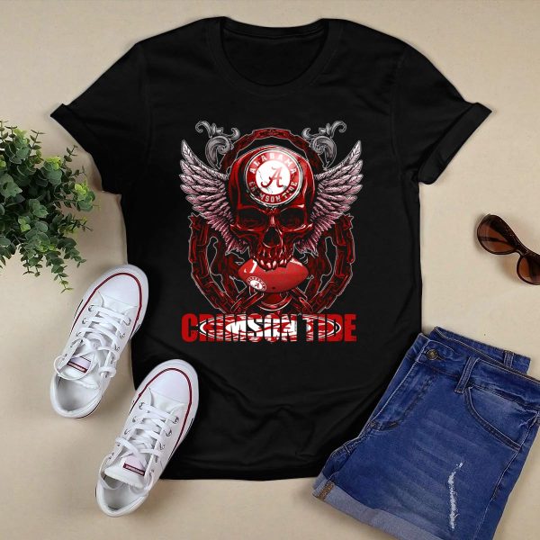 Alabama Crimson Tide Skullfb Winged Skull Football T Shirt Style 1 Black 1