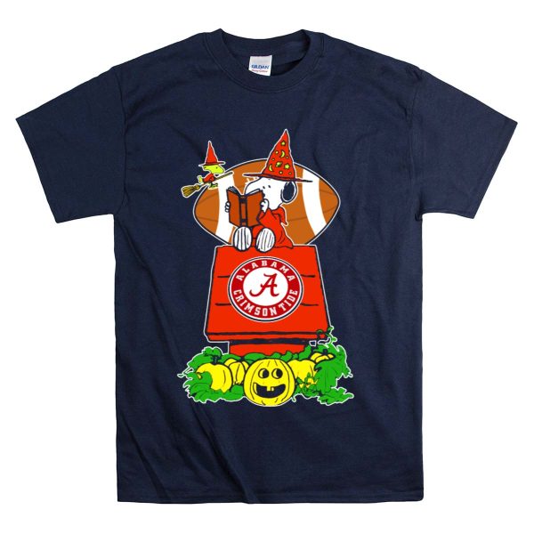 Alabama Crimson Tide Snoopy Halloween Scene with Football and Pumpkins T Shirt Style 1 Navy