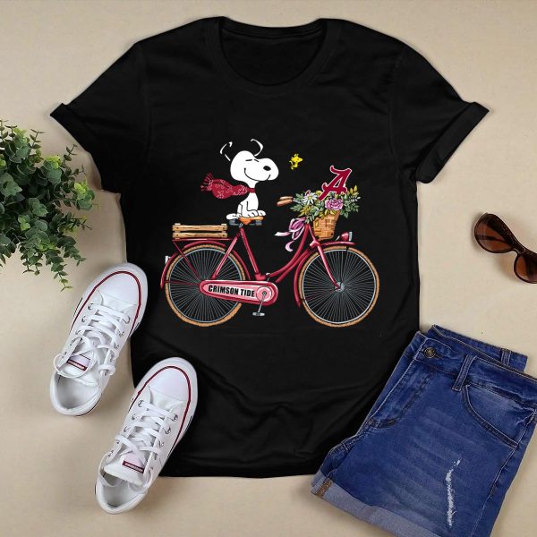 Alabama Crimson Tide Snoopy on Bicycle with Flowers and Woodstock T Shirt 1 Style 1 Black 1