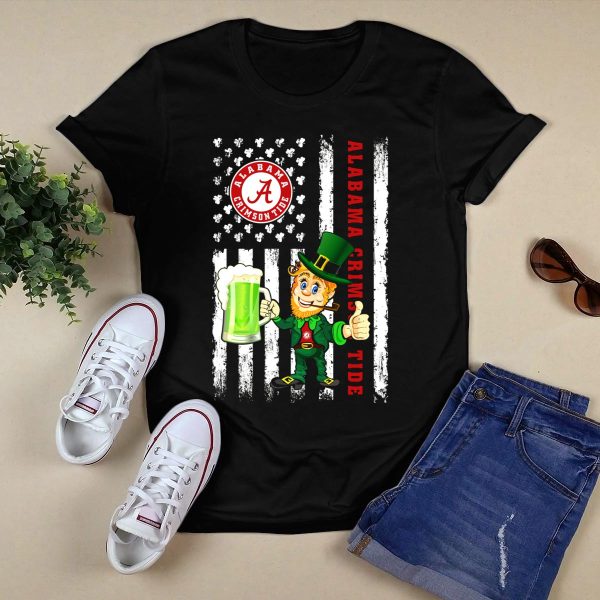 Alabama Crimson Tide St Patricks Day Leprechaun Flag and Beer Mug T Shirt Style 1 Black 1