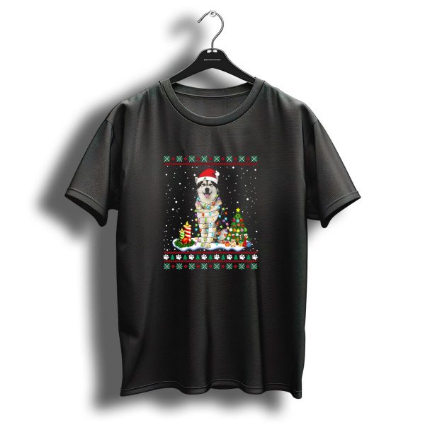Alaskan Through The Snow Christmas Husky With Santa Hat And Lights T Shirt 1 t shirt 1