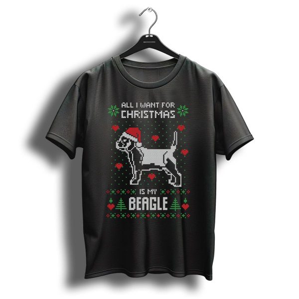 All I Want For Christmas Is My Beagle Dog In Santa Hat With Red Hearts And Green Trees T Shirt 1 t shirt 1