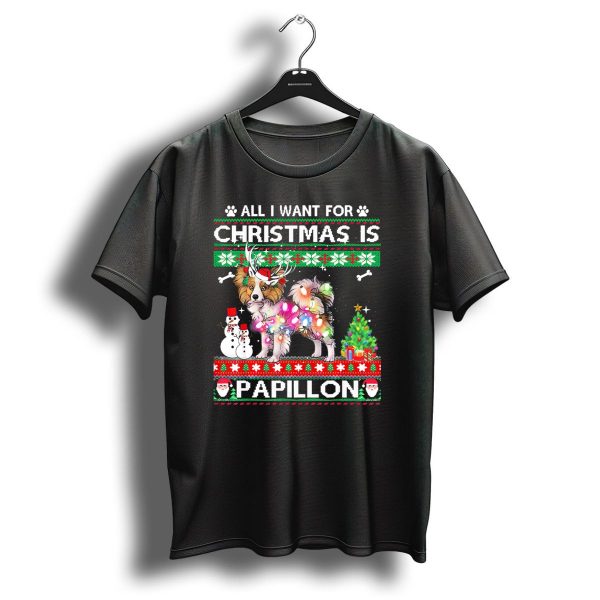 All I Want For Christmas Is Papillon With Festive Lights And Holiday Symbols T Shirt 1 t shirt 1