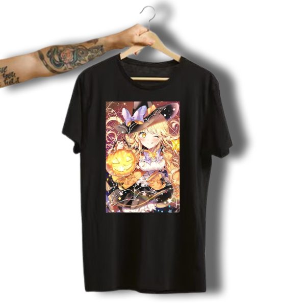 Anime Halloween Witch Girl With Pumpkin Lantern And Stars T Shirt t shirt 1