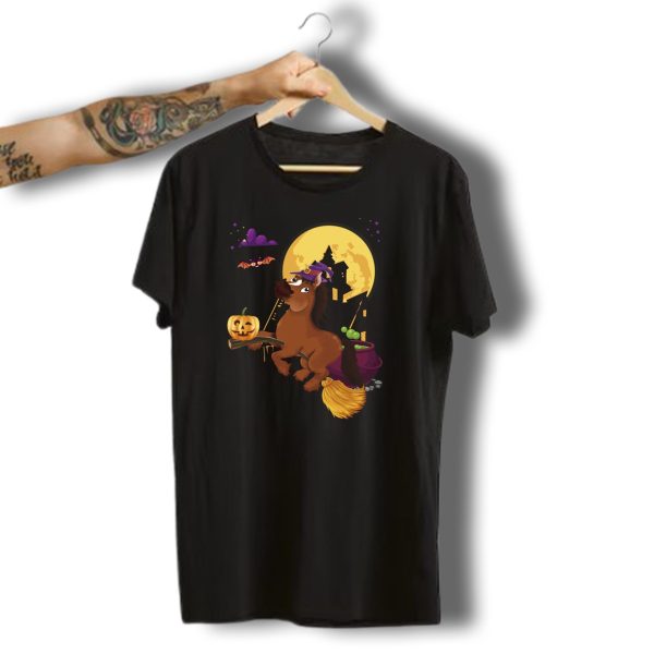 Arabian Horse Witch With Pumpkin And Broomstick In Halloween Scene T Shirt 1 t shirt 1