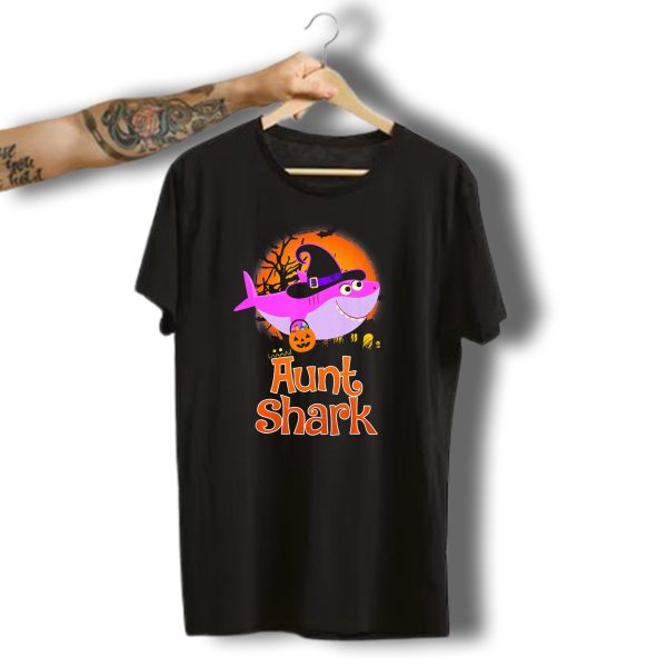 Aunt Shark Halloween Witch With Pumpkin On Orange Full Moon T Shirt t shirt 1