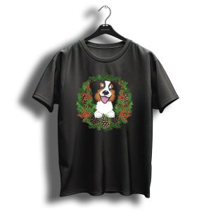 Aussie Dog Christmas Holidays Wreath With Pinecones And Holly Berries T-Shirt