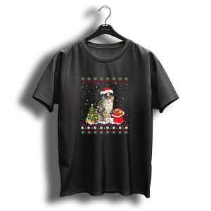 Australian Shepherd Christmas Lights And Santa Hat In Snowy Holiday Scene T Shirt
