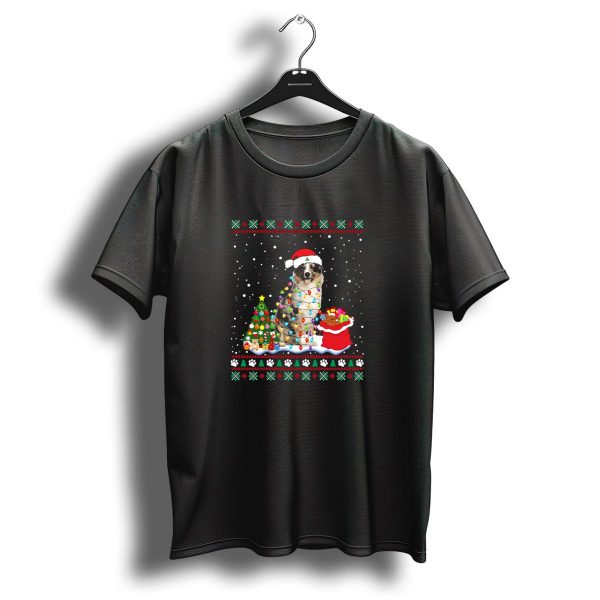 Australian Shepherd Christmas Lights And Santa Hat In Snowy Holiday Scene T Shirt 1 t shirt 1