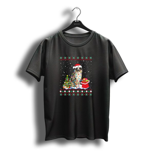 Australian Shepherd Christmas Lights And Santa Hat In Snowy Holiday Scene T Shirt t shirt 1