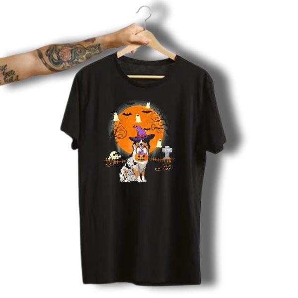 Australian Shepherd Dog Halloween Witch Pumpkin And Ghosts T Shirt t shirt 1