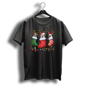 Australian Shepherd Dogs In Christmas Stockings With Santa Hats And Holiday Decorations T Shirt