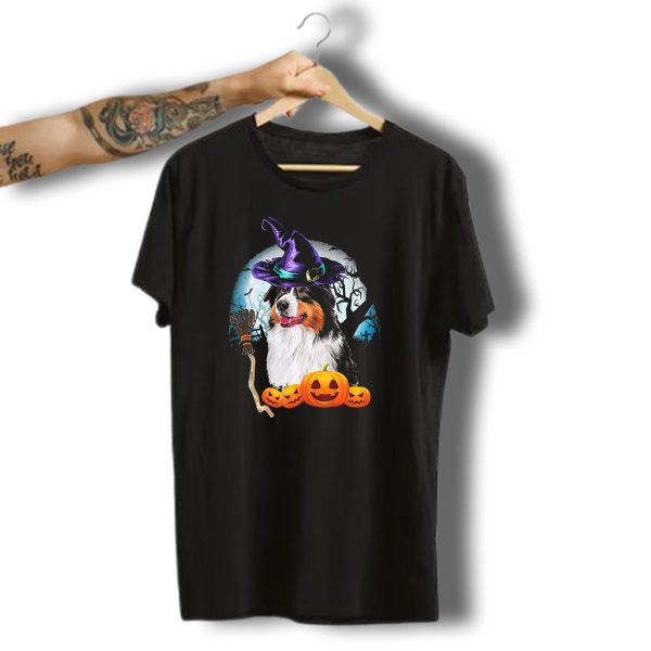Australian Shepherd Halloween Witch Hat Dog With Pumpkins And Broomstick T Shirt t shirt 1