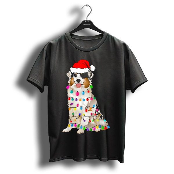 Australian Shepherd Wrapped In Christmas Lights With Santa Hat T Shirt 1 t shirt 1