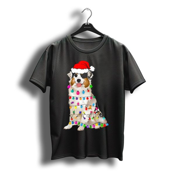 Australian Shepherd Wrapped In Christmas Lights With Santa Hat T Shirt t shirt 1