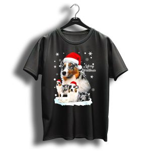 Australian Shepherds Merry Christmas Santa Hats Snowflakes T Shirt