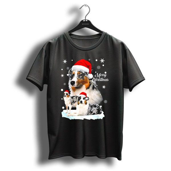 Australian Shepherds Merry Christmas Santa Hats Snowflakes T Shirt 1 t shirt 1