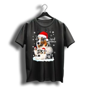 Australian Shepherds Merry Christmas Santa Hats Snowflakes T-Shirt