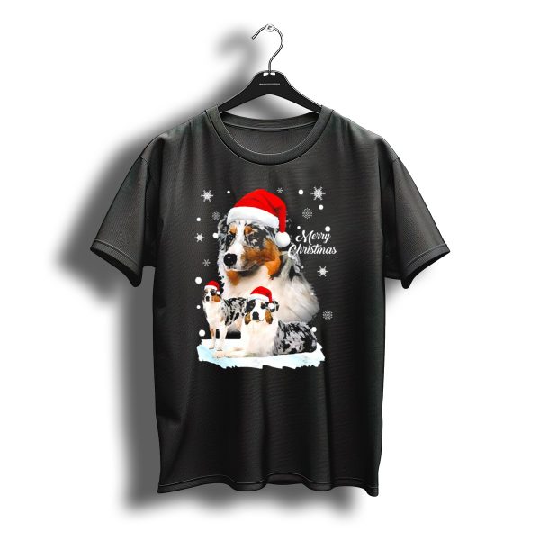 Australian Shepherds Merry Christmas Santa Hats Snowflakes T Shirt t shirt 1