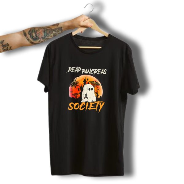 Awareness Dead Pancreas Society Halloween Ghost Ribbon Moon Haunted House T Shirt t shirt 1