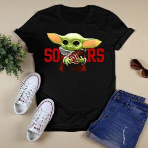 Baby Yoda Holding Football With Oklahoma Sooners T-Shirt