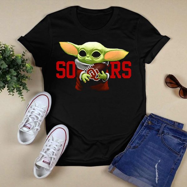 Baby Yoda Holding Football with Oklahoma Sooners T Shirt 1