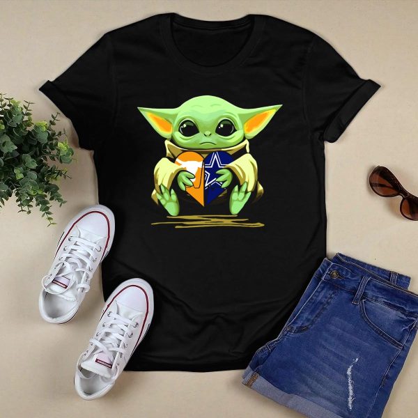 Baby Yoda Holding Texas Longhorns And Dallas Cowboys Heart T Shirt Style 1 Black 1