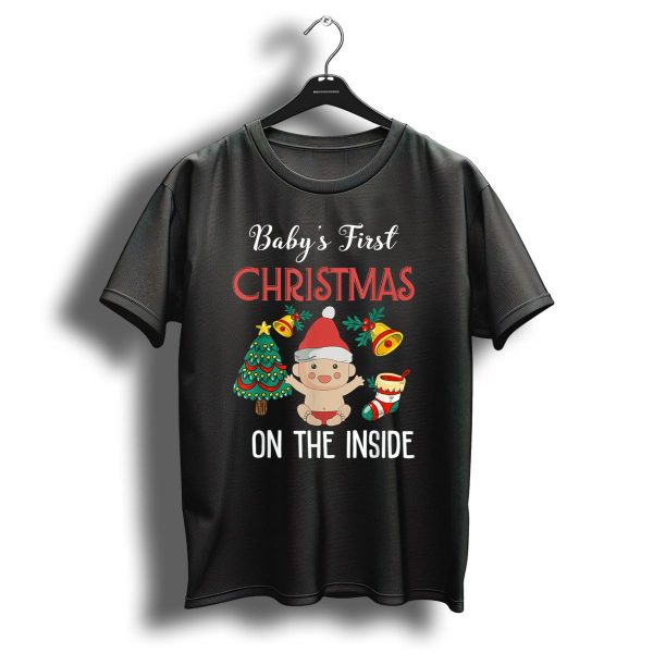 Babys First Christmas On The Inside Santa Hat Tree Bells Stocking T Shirt 1 t shirt 1