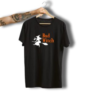 Bad Witch Halloween Broomstick Silhouette With Pumpkin Lantern T-Shirt