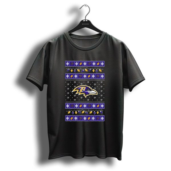 Baltimore Ravens Holiday Lights Ugly Sweater Christmas 2024 Nfl Logo Snowflakes T Shirt 1 t shirt 1