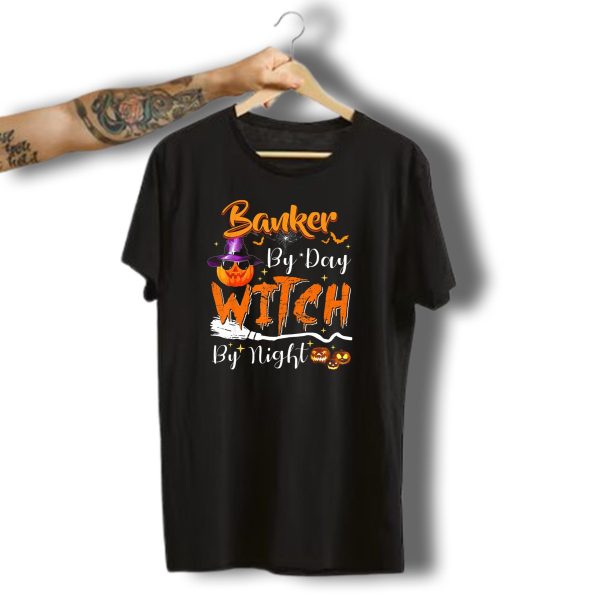 Banker By Day Witch By Night Halloween Pumpkin Broomstick Bats Spiderweb T Shirt t shirt 1