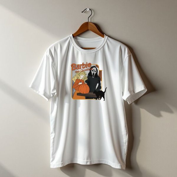Barbie And Ghostface Halloween Pumpkin Carving Scene With Black Cat T Shirt t shirt 1 1