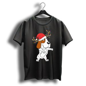 Basset Hound Christmas Antlers Lights Santa Hat T Shirt