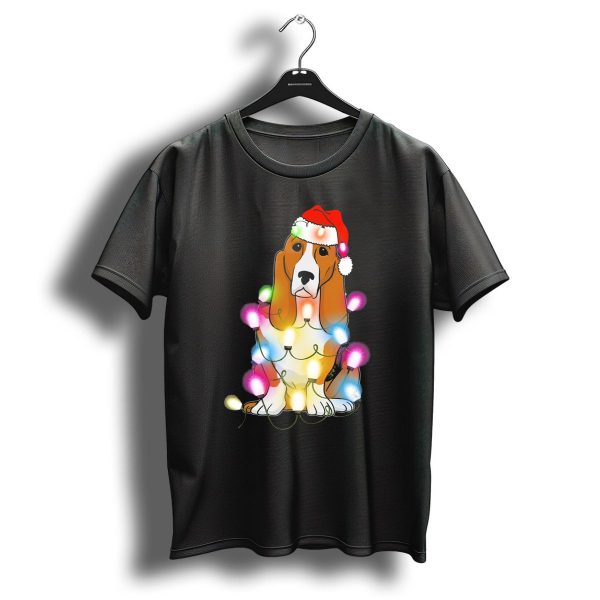 Basset Hound Christmas Lights Festive Santa Hat T Shirt 1 t shirt 1