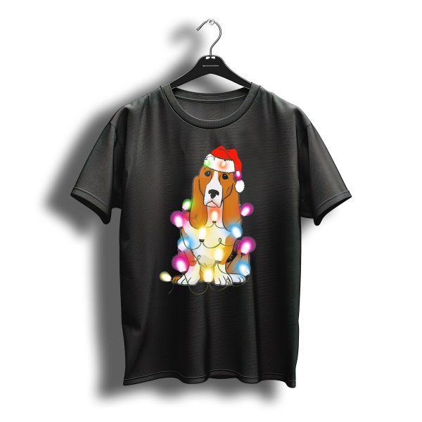 Basset Hound Christmas Lights Festive Santa Hat T Shirt t shirt 1