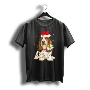 Basset Hound Christmas Lights Santa Hat And Daisy T-Shirt