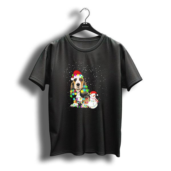 Basset Hound Christmas Lights Snowman Santa Hat T Shirt t shirt 1