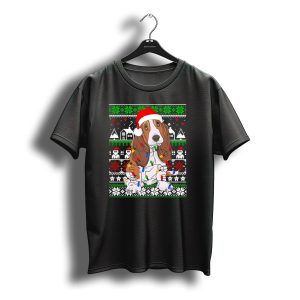 Basset Hound Christmas Lights Ugly Sweater Santa Hat T-Shirt