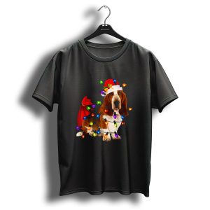 Basset Hound Christmas Santa In String Lights With Red Gift Bag And Santa Hat T Shirt