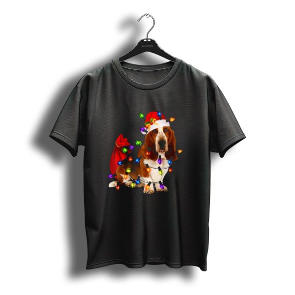 Basset Hound Christmas Santa In String Lights With Red Gift Bag And Santa Hat T Shirt t shirt 1
