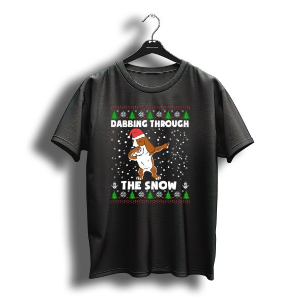 Basset Hound Dabbing Through The Snow Christmas Santa Hat Snowflakes Trees T Shirt t shirt 1