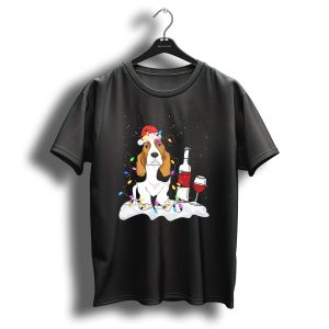 Basset Hound Dog Wine Christmas Light Co Festive Santa Hat Holiday Scene T Shirt