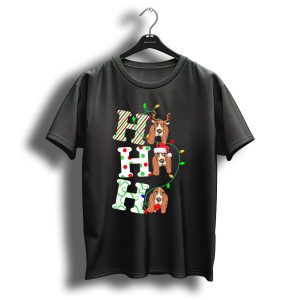 Basset Hound Ho Ho Ho Reindeer And Santa Hat Christmas Lights T Shirt