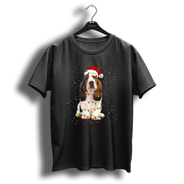 Basset Hound In Santa Hat With Christmas Lights And Snowflakes T Shirt 1 t shirt 1