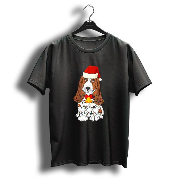 Basset Hound Santa Hat With Christmas Tree Lights And Bell T Shirt 1 t shirt 1